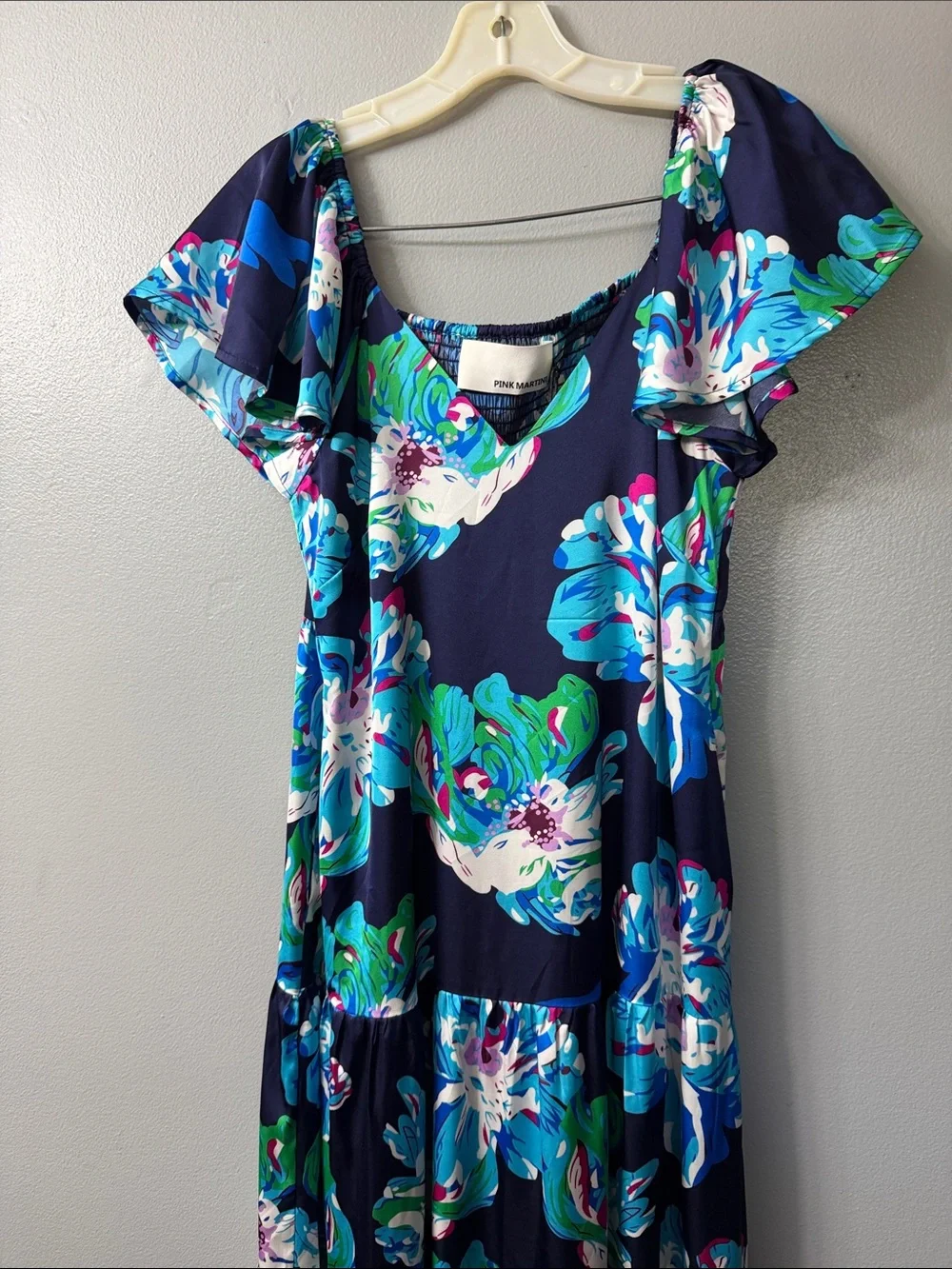 Pink Martini Scheana maxi dress tiered skirt, flutter sleeves blue floral small
